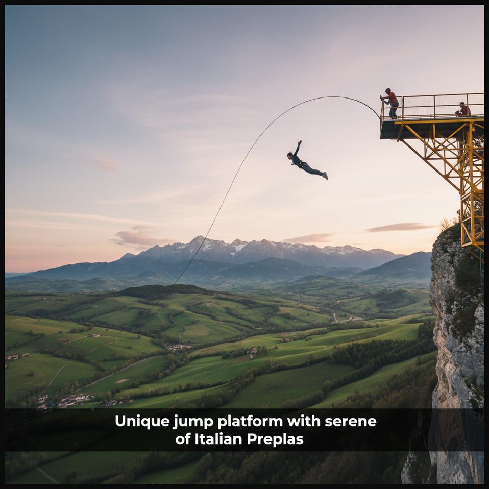 A bungee jumper leaping from a dedicated platform at Altopiano di Asiago, Italy, with views of rolling hills and the Venetian Prealps.