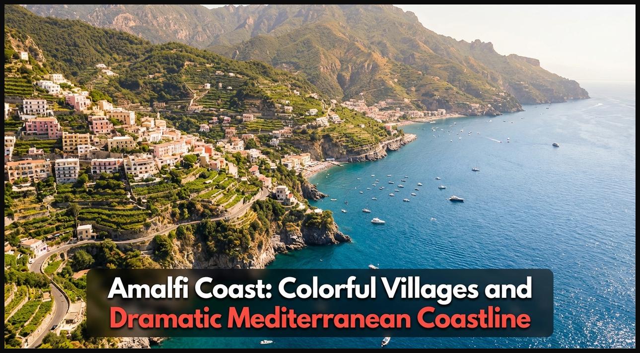 Aerial view of Italy's Amalfi Coast, showing colorful cliffside villages and the Mediterranean Sea.