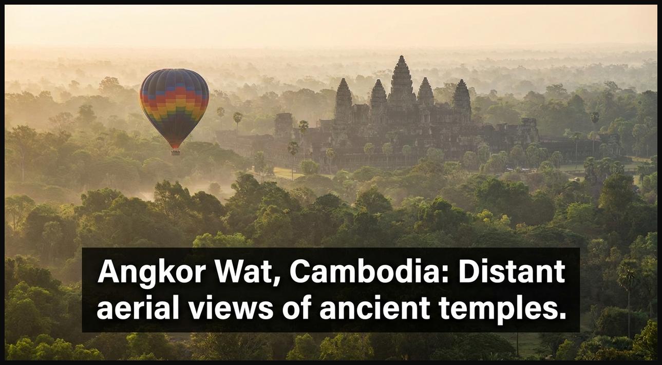 A hot air balloon in the distance, offering a panoramic aerial view of the majestic Angkor Wat temple complex and the surrounding Cambodian jungle at sunrise.