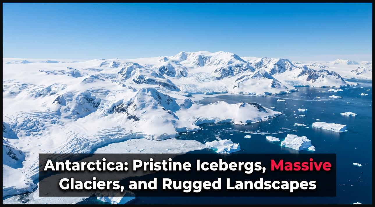 Aerial view of Antarctica, showing pristine icebergs, massive glaciers, and snow-covered wilderness.