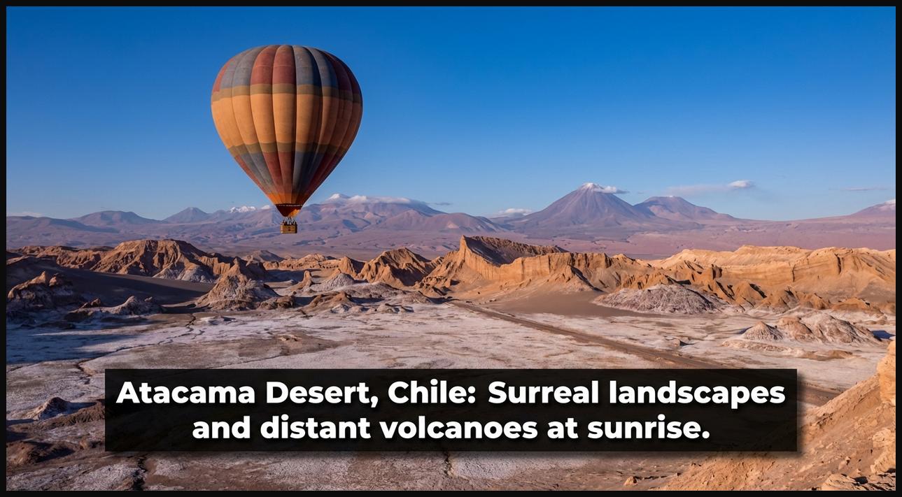 A hot air balloon floating above the surreal landscapes of the Atacama Desert, Chile, with vast salt flats and distant volcanoes visible at sunrise.
