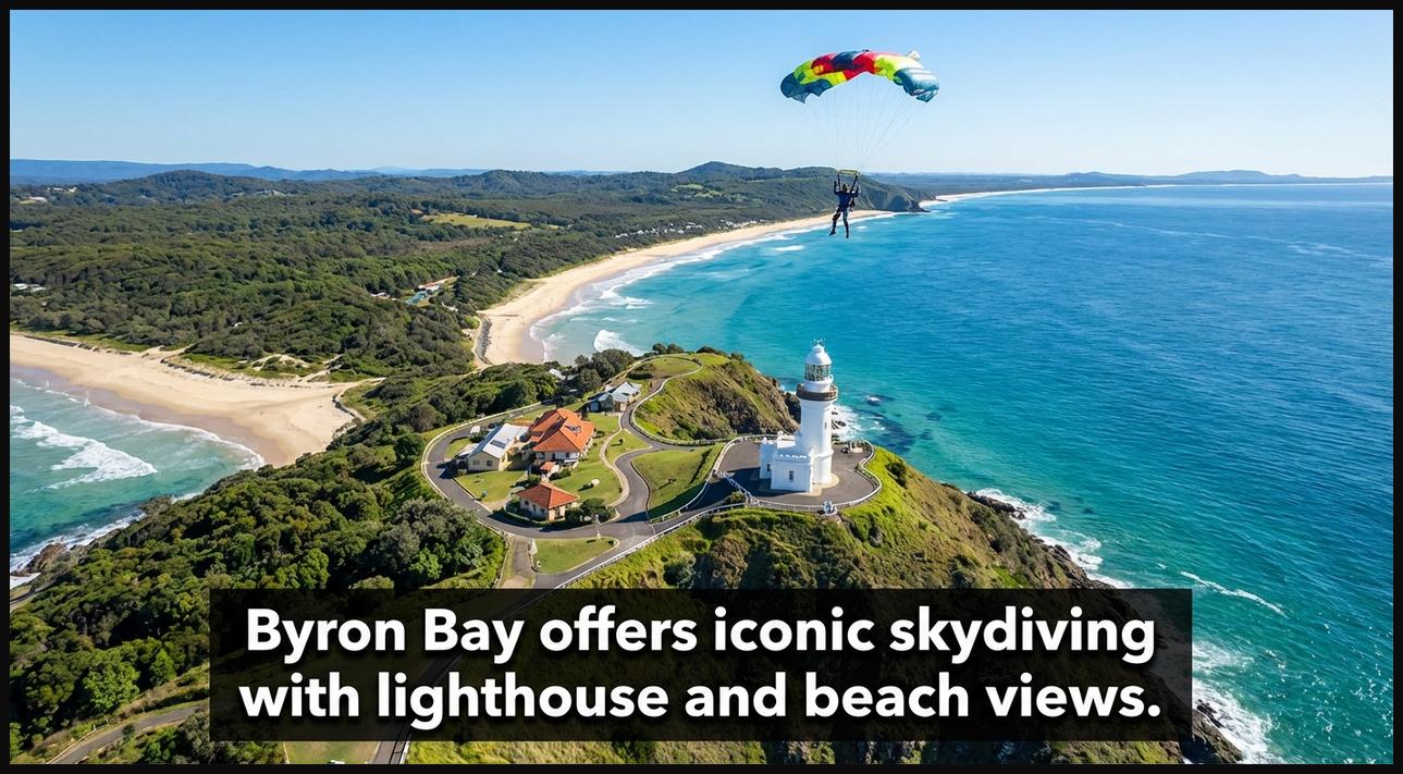 Skydiver with a bird's-eye view of Byron Bay, Australia, featuring the Cape Byron Lighthouse, golden beaches, and the Pacific Ocean.