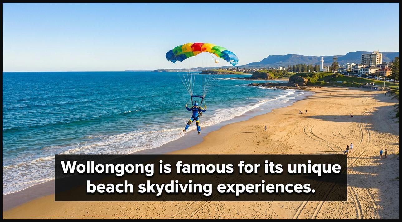 Skydiver nearing a soft landing on the golden sands of Wollongong beach, Australia, with blue ocean in the background.