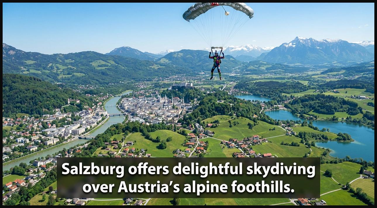 Skydiver descending near Salzburg, Austria, with views of alpine foothills, charming towns, and sparkling lakes.