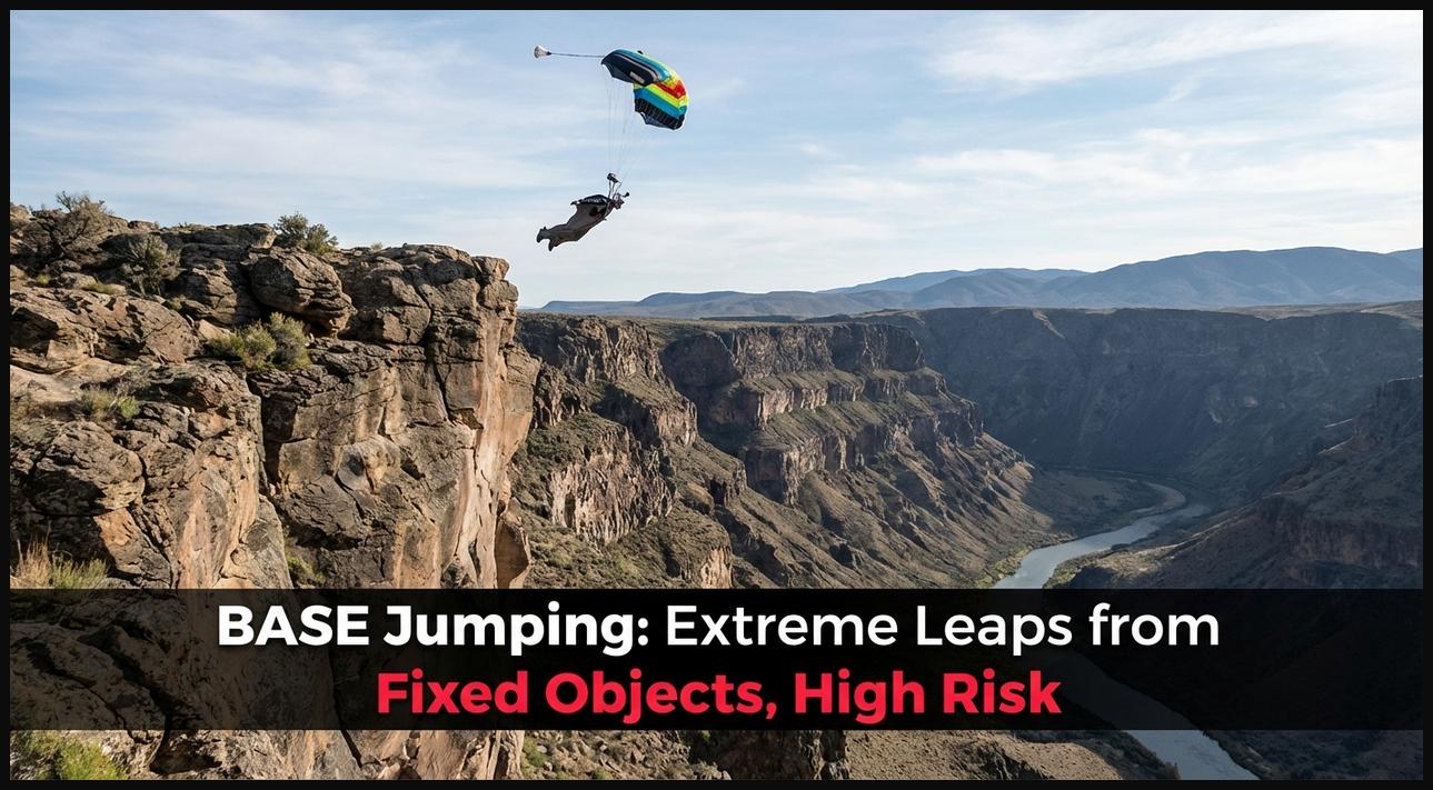 BASE jumper launching from a tall cliff face, parachute deploying shortly after exit, illustrating high risk.