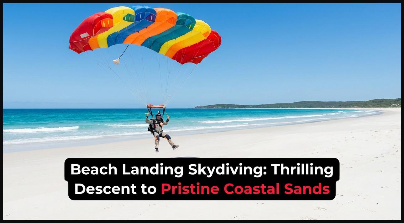 Skydiver under an open parachute gracefully descending towards a beautiful sandy beach with ocean in the background.