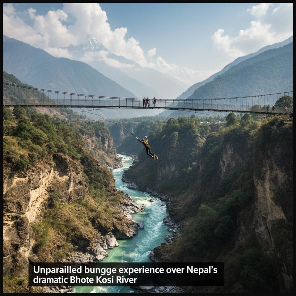 A bungee jumper leaping from a bridge high above the roaring Bhote Kosi River in a dramatic Himalayan gorge in Nepal.