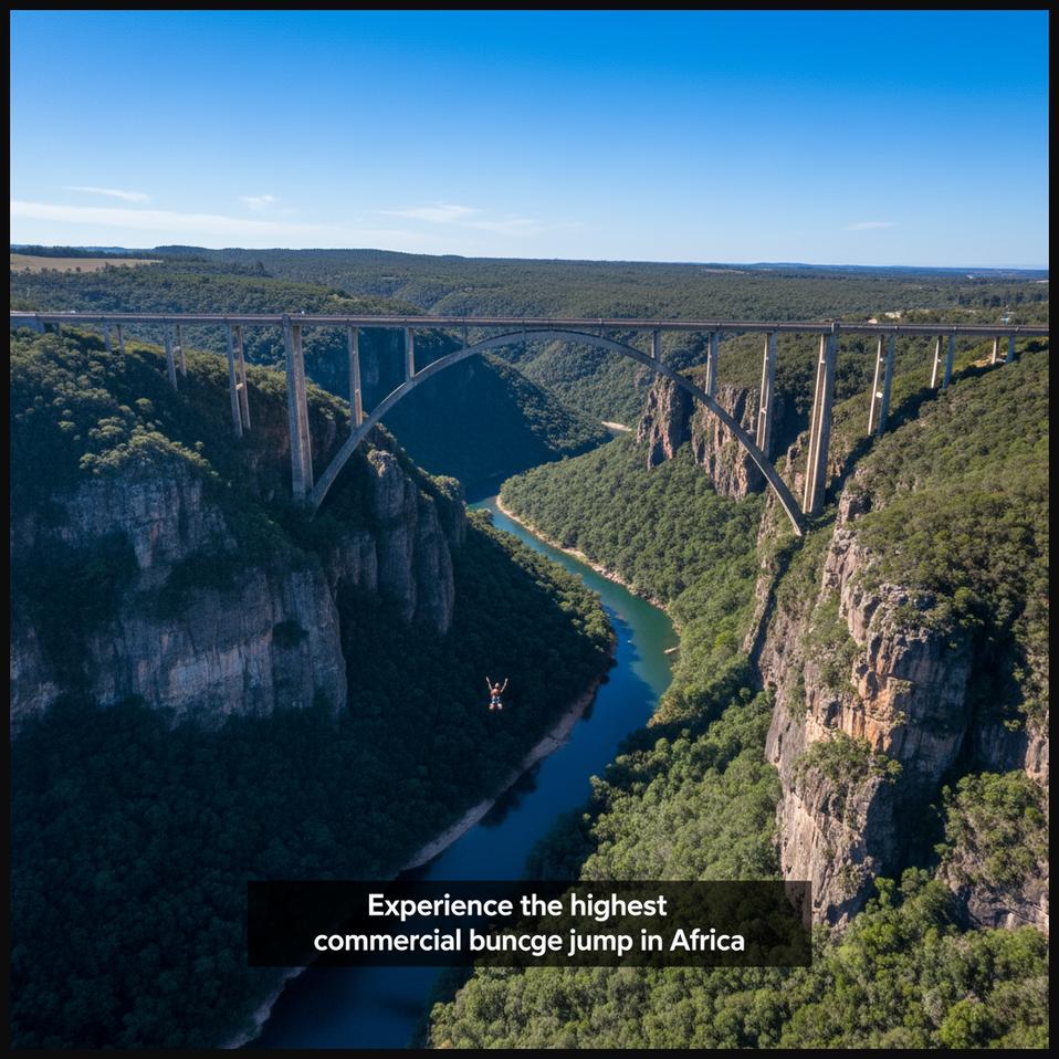 A bungee jumper in mid-air above the impressive Bloukrans Bridge in South Africa, showcasing the high jump and scenic gorge.