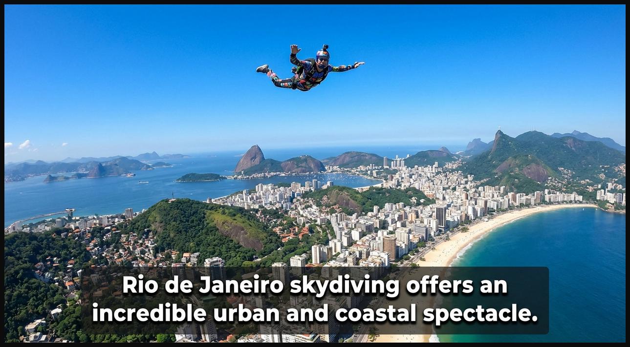 Skydiver soaring above Rio de Janeiro, Brazil, capturing views of Sugarloaf Mountain, Christ the Redeemer, Copacabana, and cityscapes.