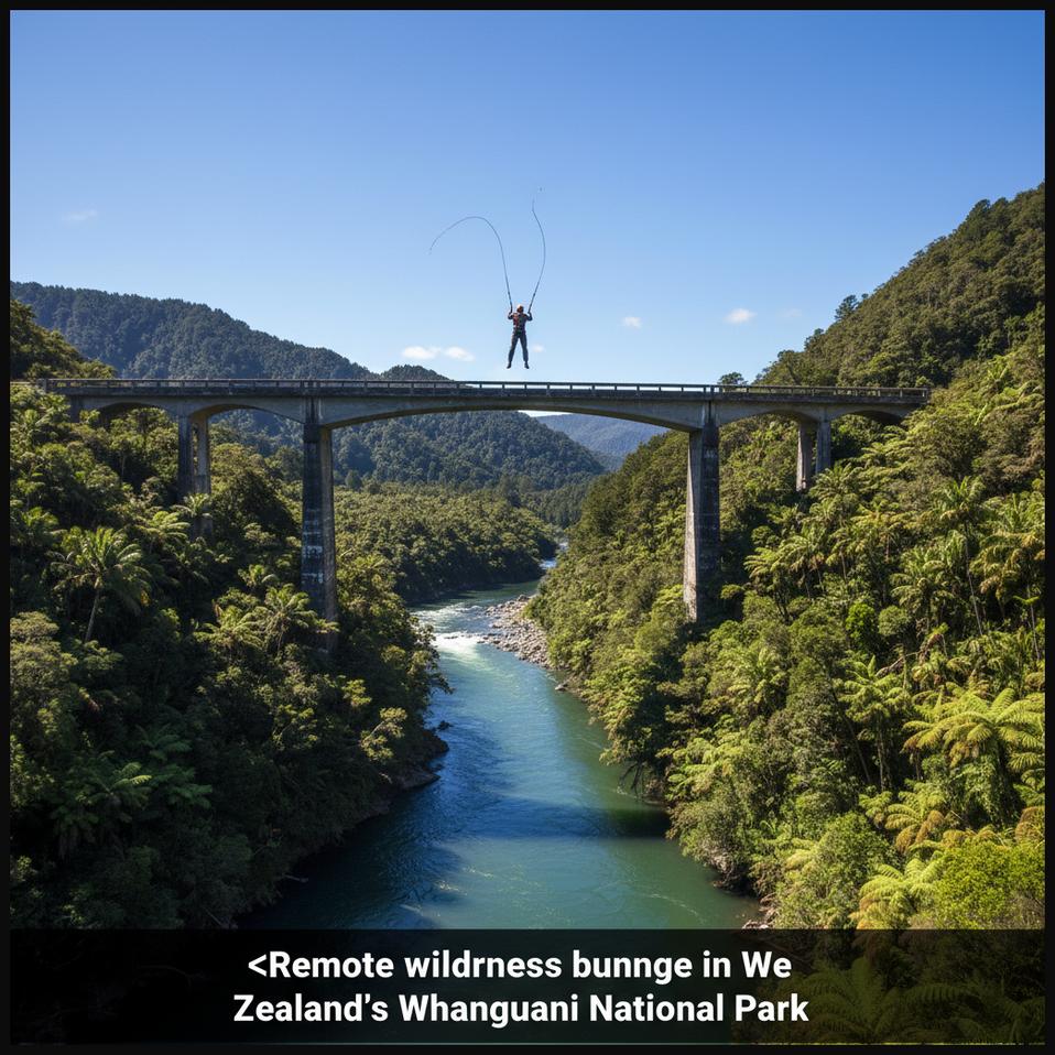 A bungee jumper at the remote 'Bridge to Nowhere' in New Zealand's Whanganui National Park, surrounded by untouched native bush.