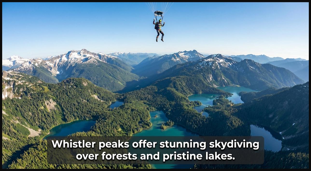 Skydiver descending near Whistler, British Columbia, with panoramic views of Coast Mountains, dense forests, and clear lakes.