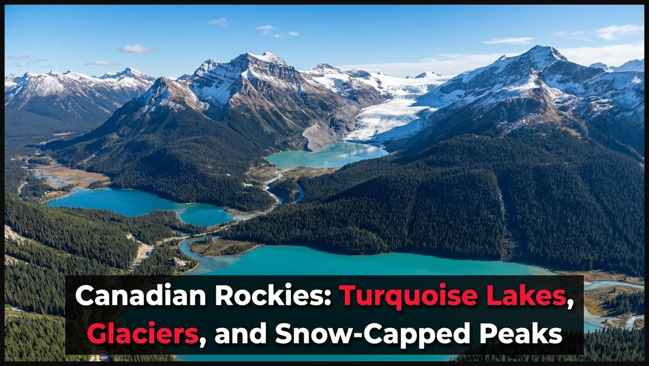 Aerial view of the Canadian Rockies with turquoise lakes, dense forests, and snow-capped peaks.