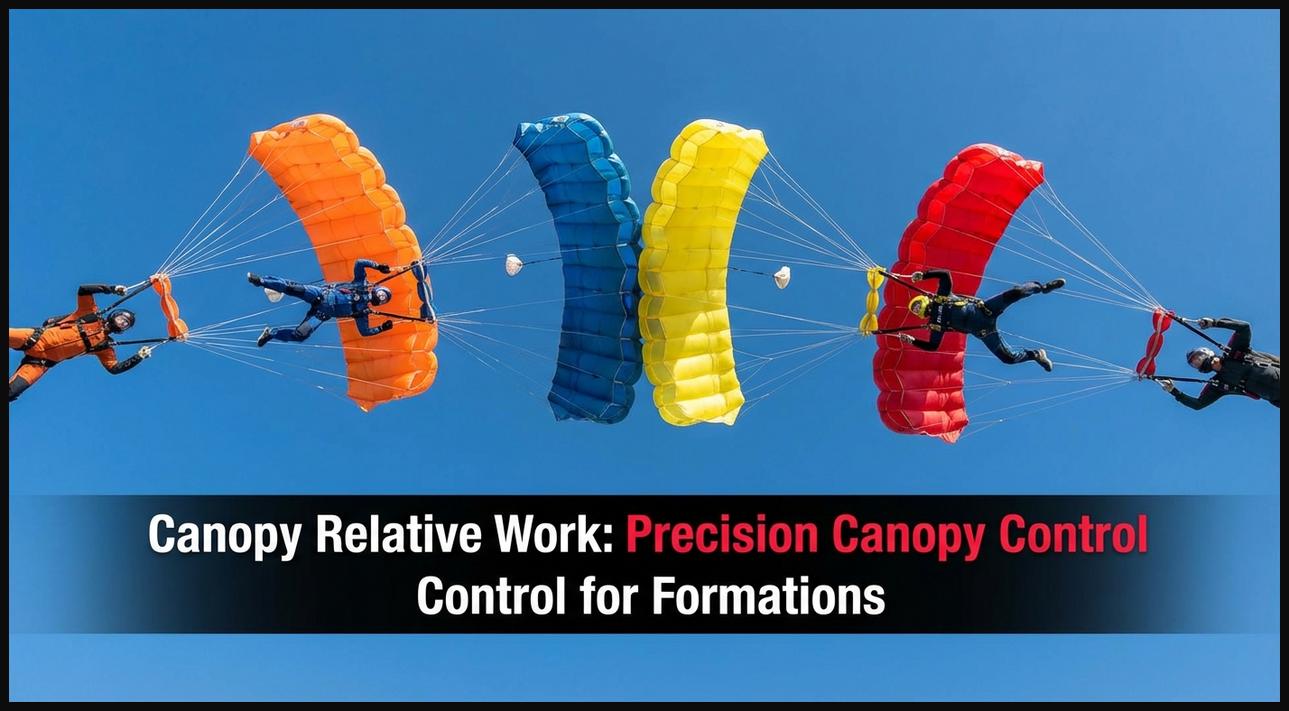 Skydivers carefully docking their deployed parachutes to create a complex canopy relative work formation.