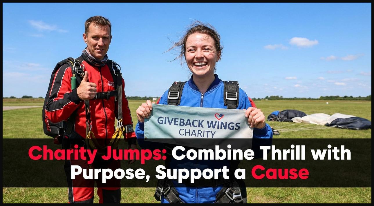 Tandem skydivers smiling after a successful jump, holding a charity fundraising sign with a sense of purpose.