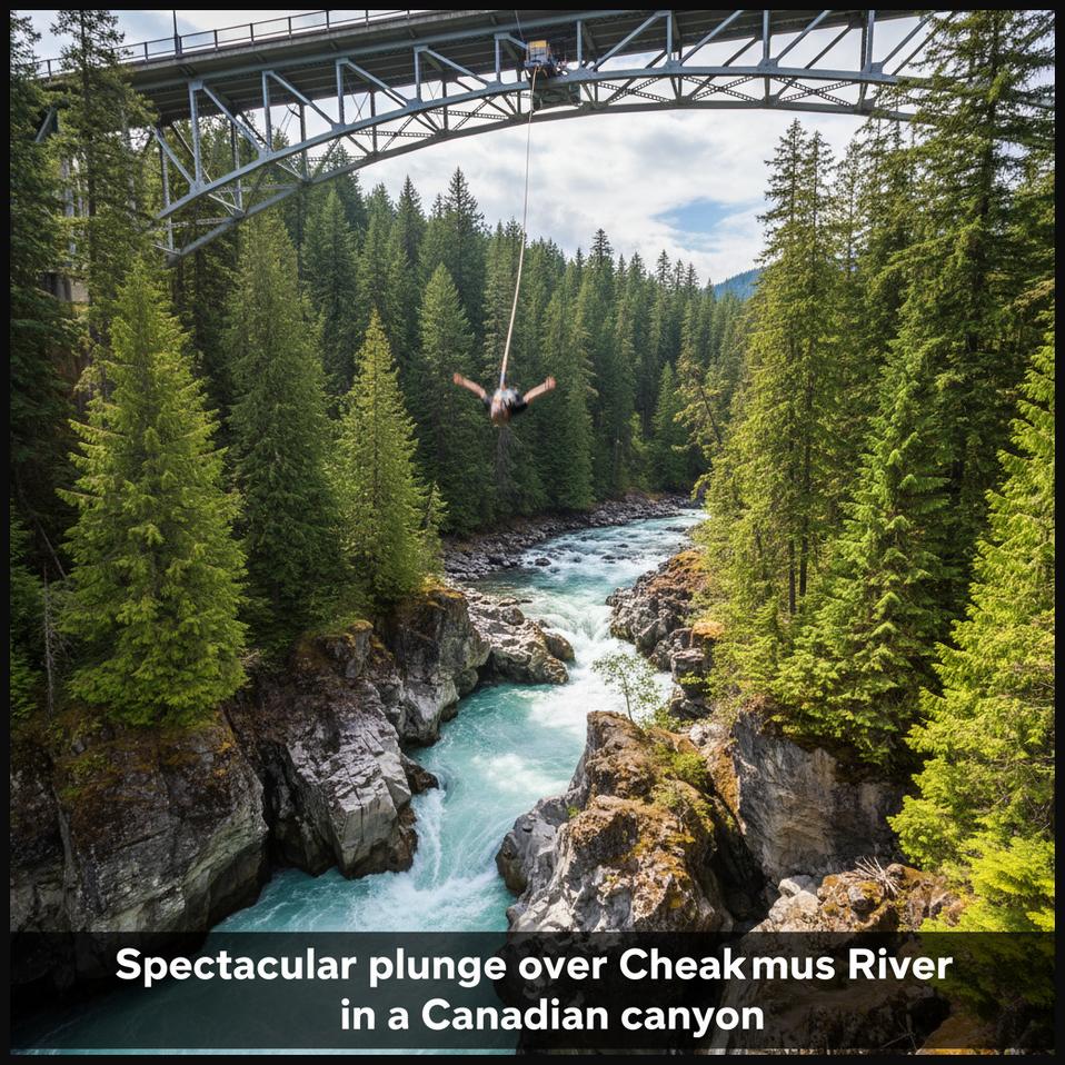A bungee jumper plunging from the Cheakamus Bridge in British Columbia, Canada, over the powerful turquoise Cheakamus River in a forest canyon.