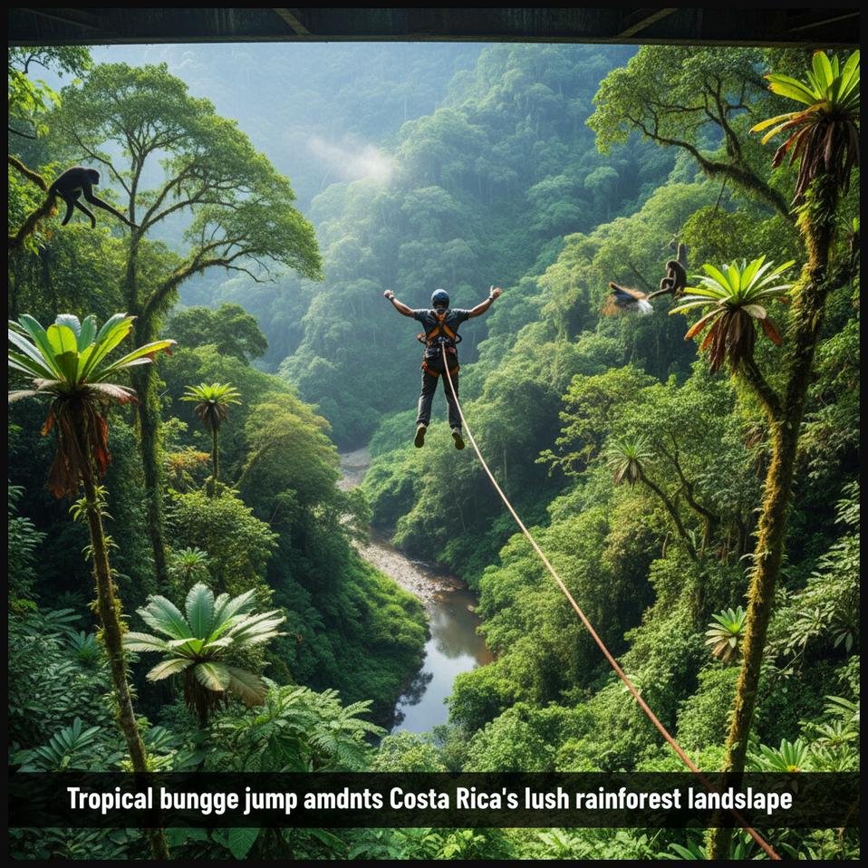 A bungee jumper in freefall from the Cienfuegos Bridge in Costa Rica, surrounded by vibrant, dense tropical rainforest.