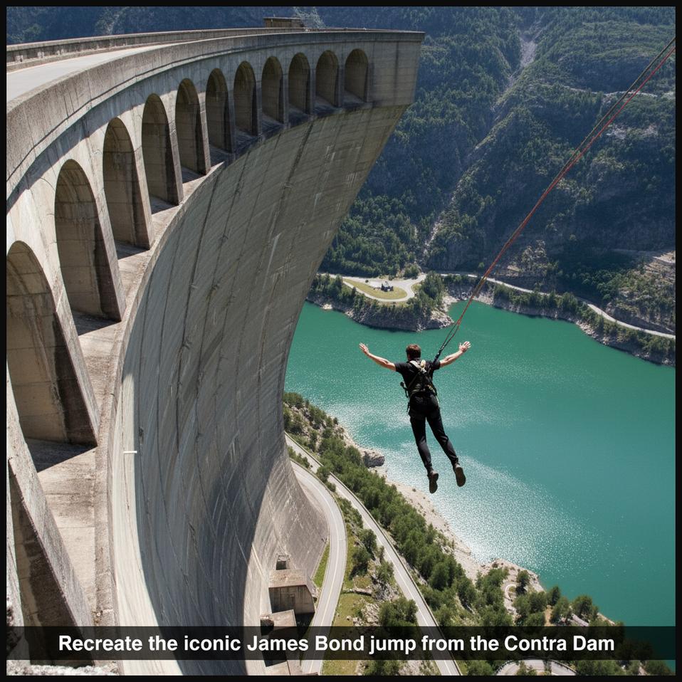 A bungee jumper descending from the famous Contra Dam in Switzerland, known as the 'GoldenEye' bungee site, with emerald waters below.