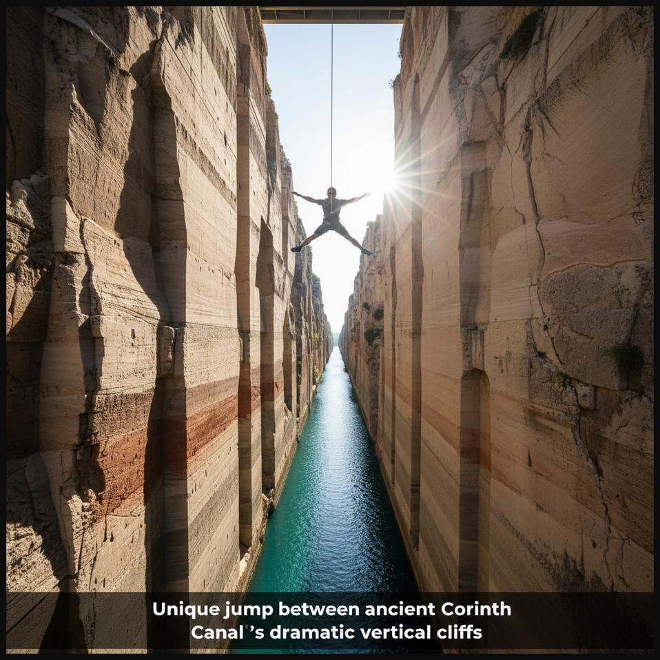 A bungee jumper freefalling between the steep, narrow, ancient walls of the Corinth Canal in Greece, towards the turquoise water.
