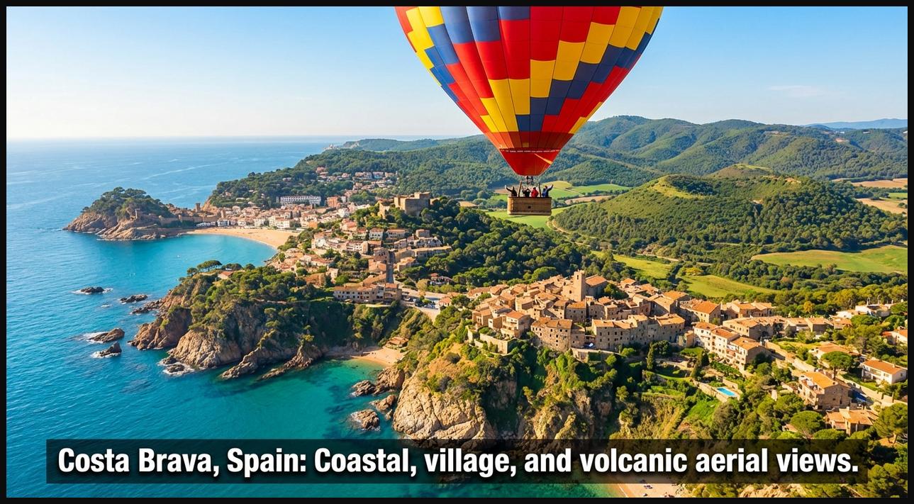 A hot air balloon offering panoramic views of the diverse Costa Brava region in Spain, including its coastline, medieval villages, and green volcanic areas.