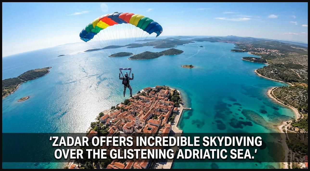 Skydiver with panoramic views of Zadar, Croatia, showcasing the Adriatic Sea, numerous islands, and the historic coastline.