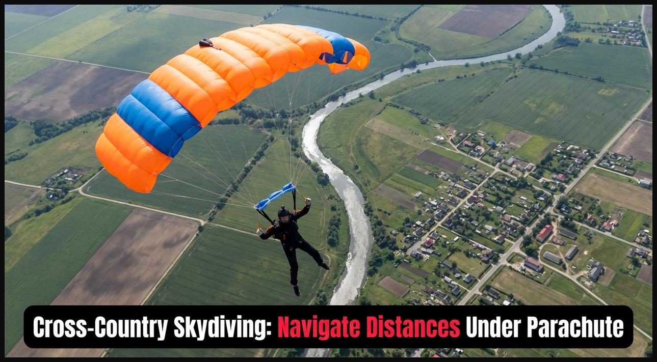 Skydiver under a high-performance parachute, strategically navigating and flying a long distance over varied terrain.