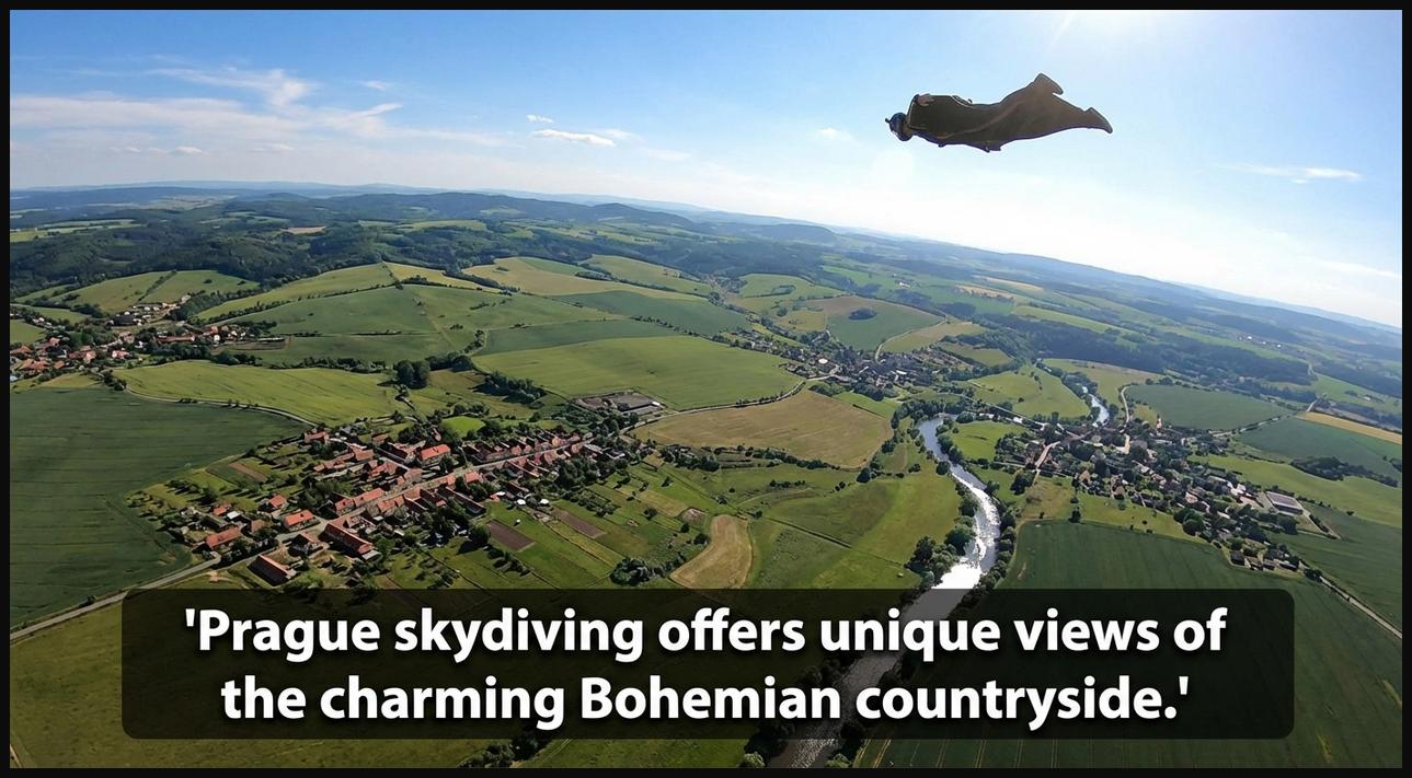 Skydiver descending over the Czech Republic near Prague, with views of rolling hills, quaint villages, and historic Bohemian landscapes.