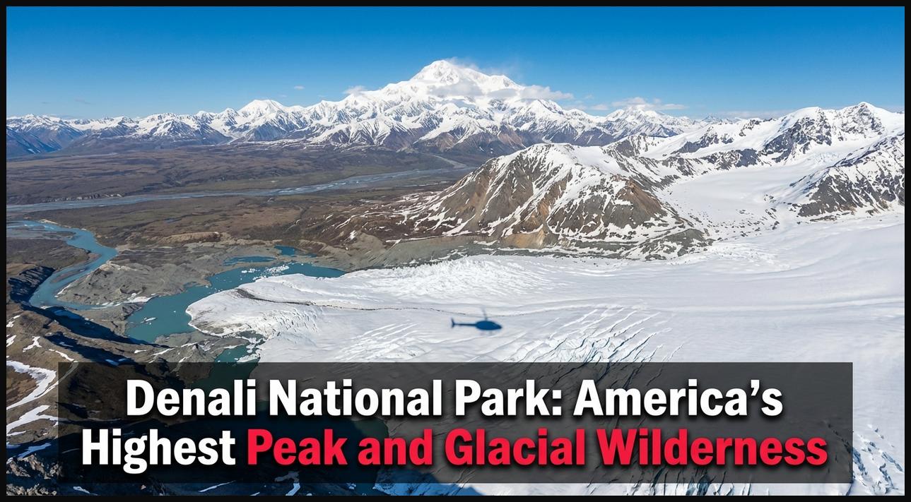 Aerial view of Denali National Park, showcasing Denali peak, glacial valleys, and vast wilderness.
