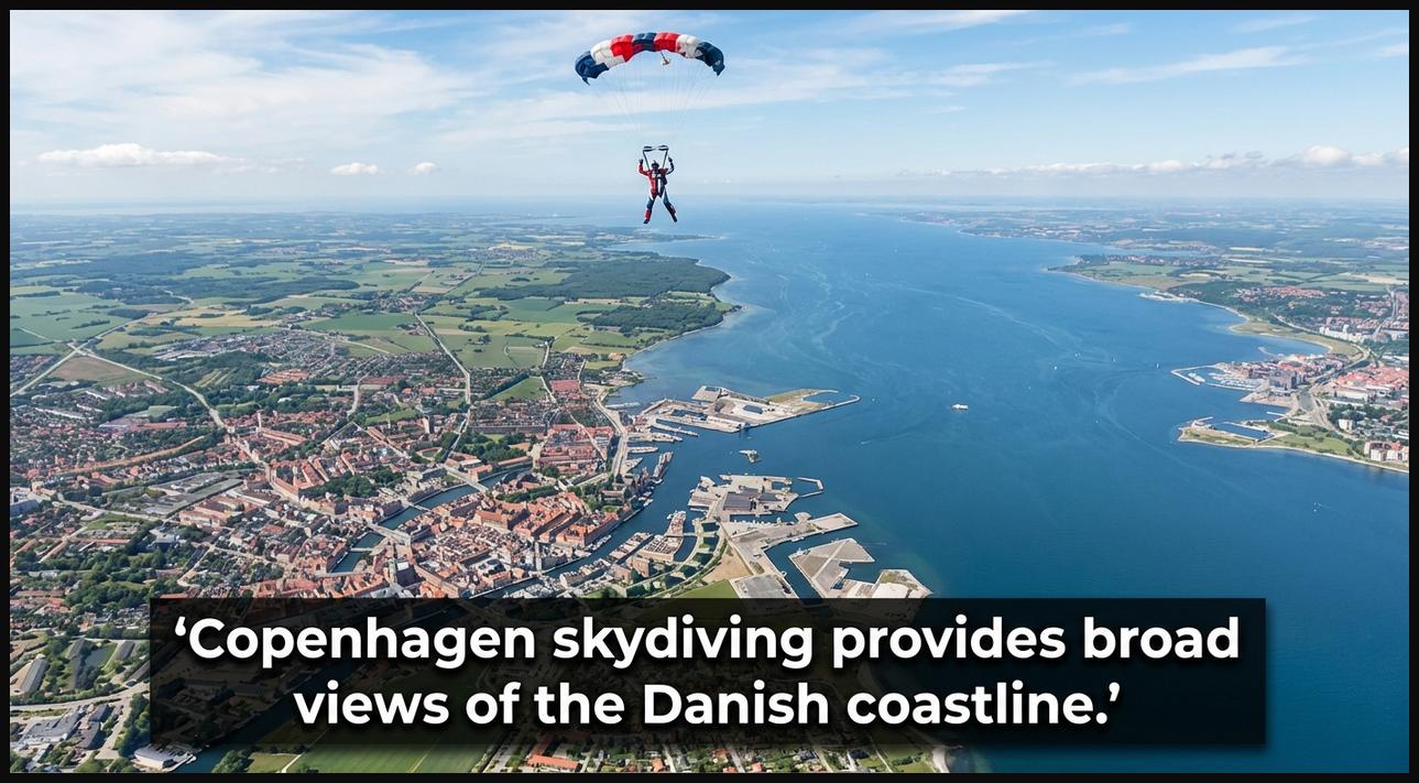 Skydiver with an aerial view near Copenhagen, Denmark, showing the coastline, Öresund Strait, and a mix of urban and green areas.