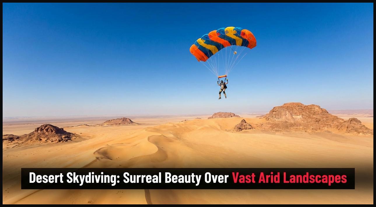 Skydiver with parachute open, descending over an expansive golden desert with unique rock formations and clear skies.