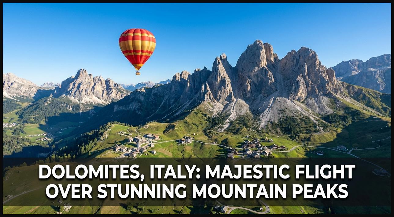 A hot air balloon providing a breathtaking aerial view of the jagged limestone peaks and alpine meadows of the Dolomites, Italy.