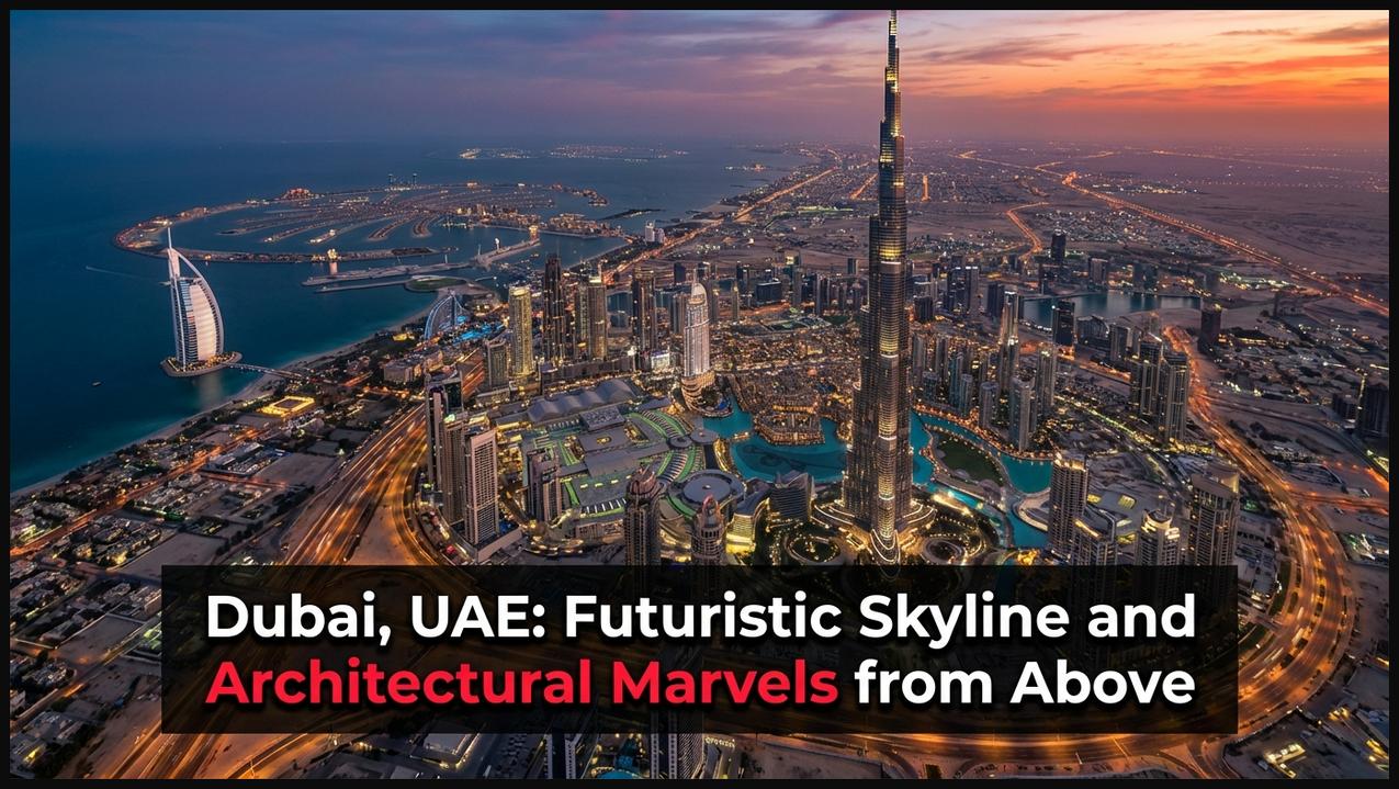 Aerial view of Dubai's futuristic skyline at dusk, including the Palm Jumeirah and Burj Khalifa.