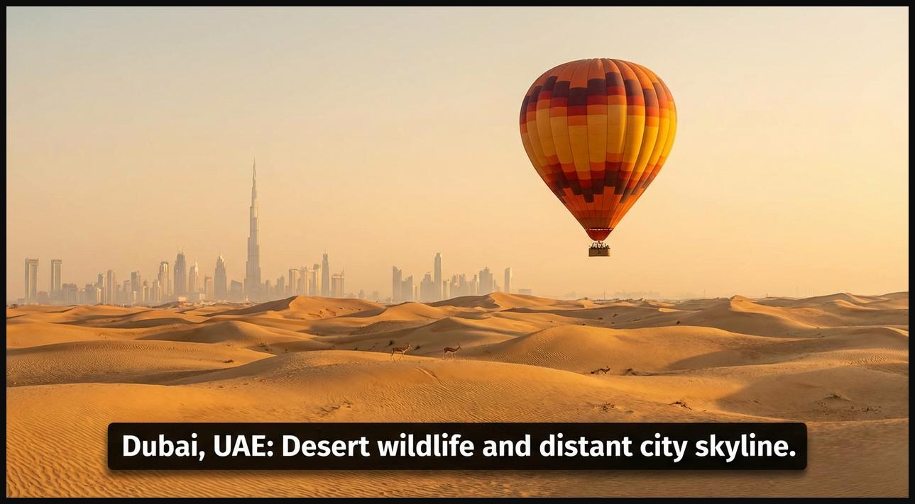 A hot air balloon over the golden Arabian Desert near Dubai, UAE, with distant skyscrapers of the city skyline and desert wildlife visible below at dawn.