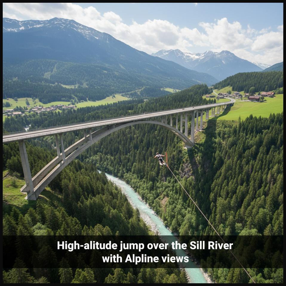 A bungee jumper freefalling from the Europabrücke Bridge in Austria, high above the Sill River Valley with stunning Alpine scenery.