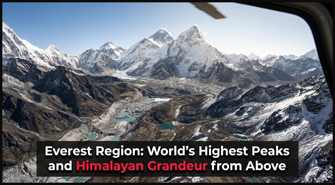 Aerial view of the Everest Region, showcasing Mount Everest and other majestic Himalayan peaks.