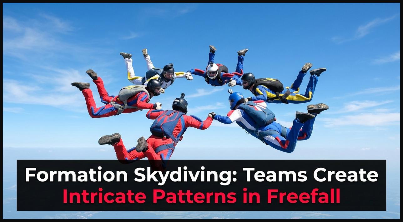 Multiple skydivers linked together in a precise belly-flying formation during freefall, showcasing teamwork.