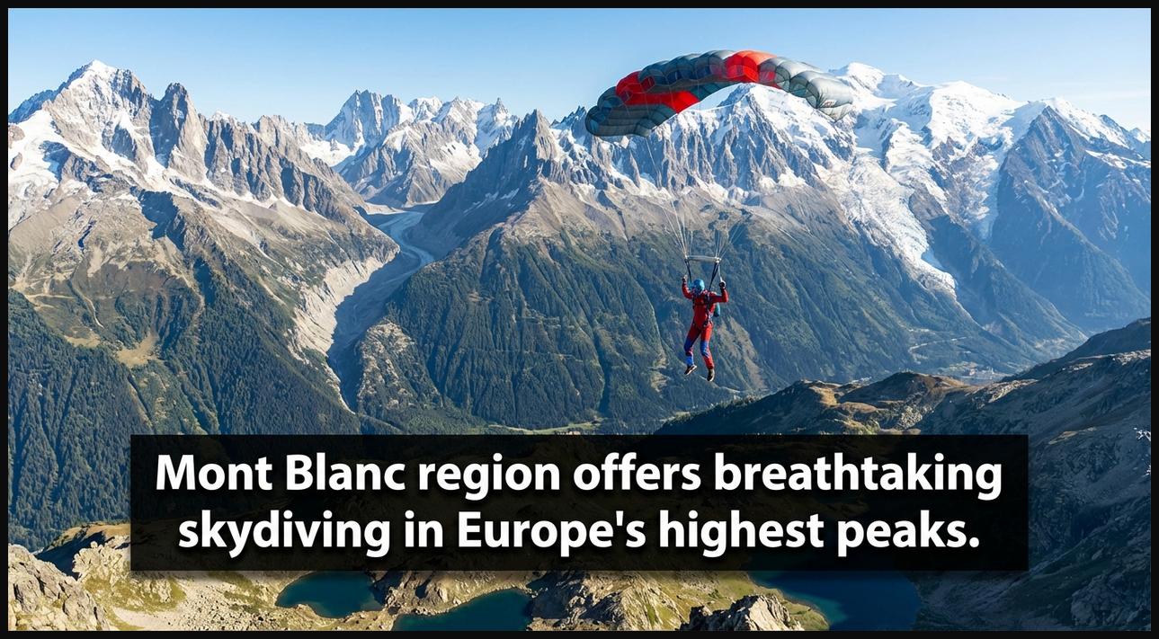 Skydiver soaring high above the Mont Blanc region of France, surrounded by majestic alpine peaks, glaciers, and deep valleys.