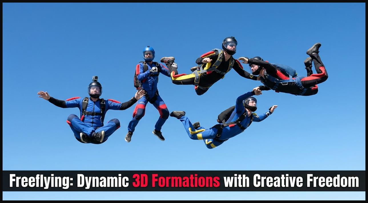 Multiple skydivers freeflying in various orientations, creating dynamic three-dimensional formations in the sky.