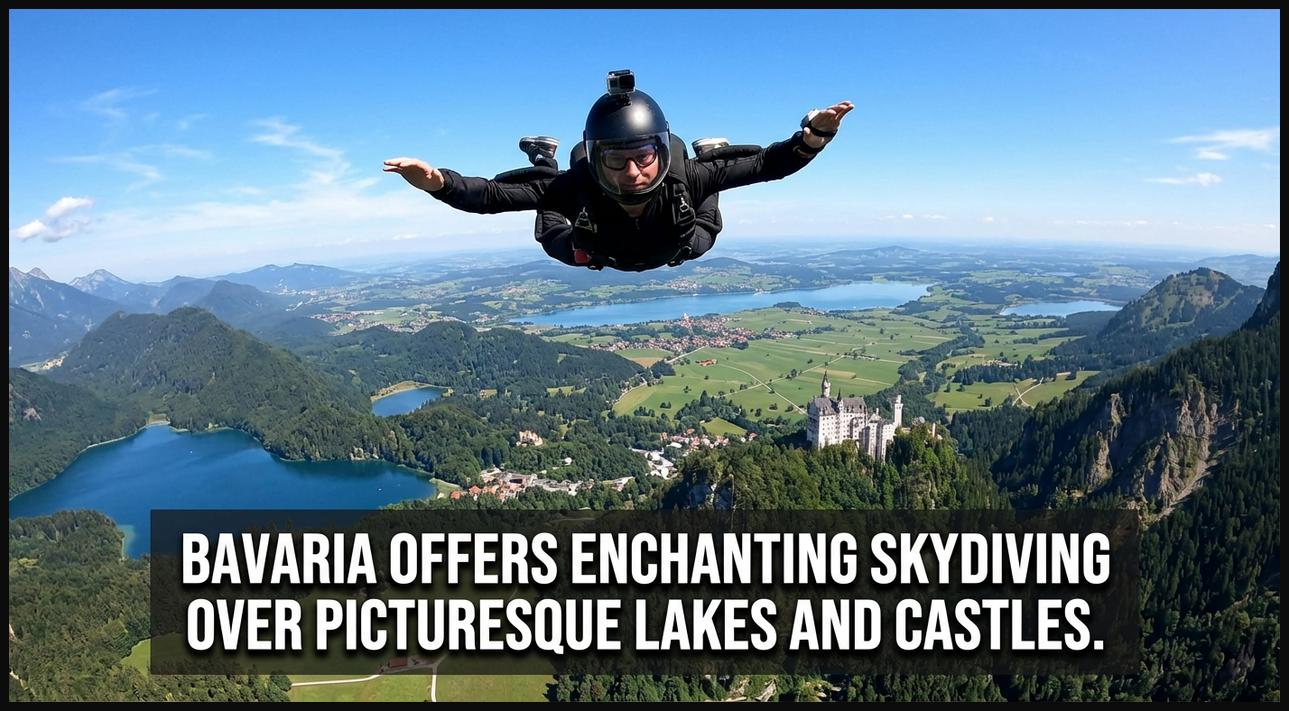 Skydiver with a panoramic view of Bavaria, Germany, showcasing picturesque lakes, dense forests, and distant fairytale castles.