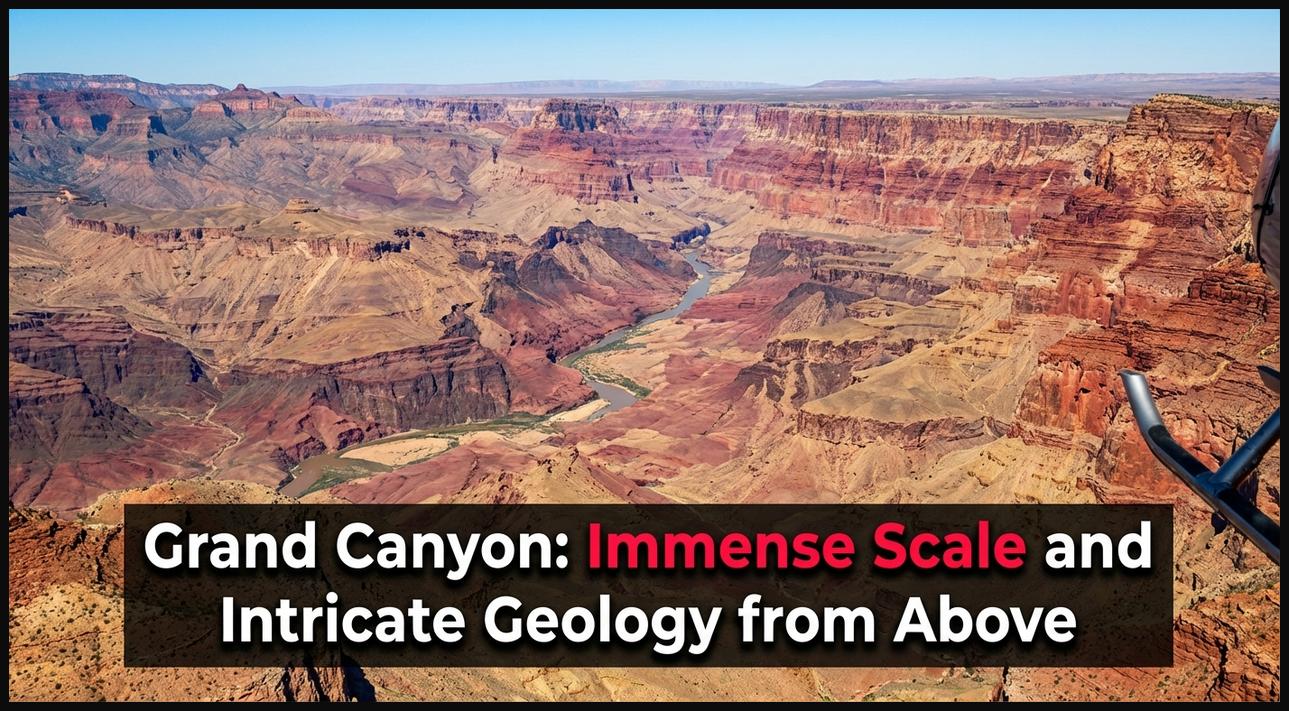 Aerial view of the Grand Canyon revealing vast layered rock formations and the meandering Colorado River below.