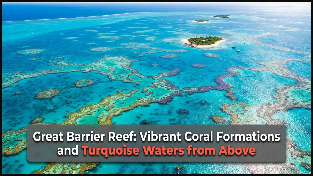 Aerial view of the Great Barrier Reef displaying vibrant coral formations and clear turquoise waters.