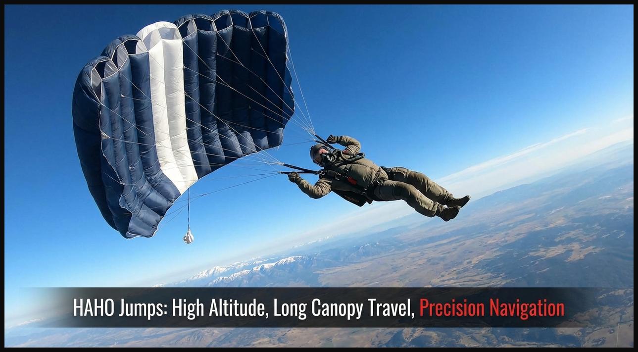 Skydiver under an open high-performance parachute at high altitude, navigating horizontally with specialized equipment.