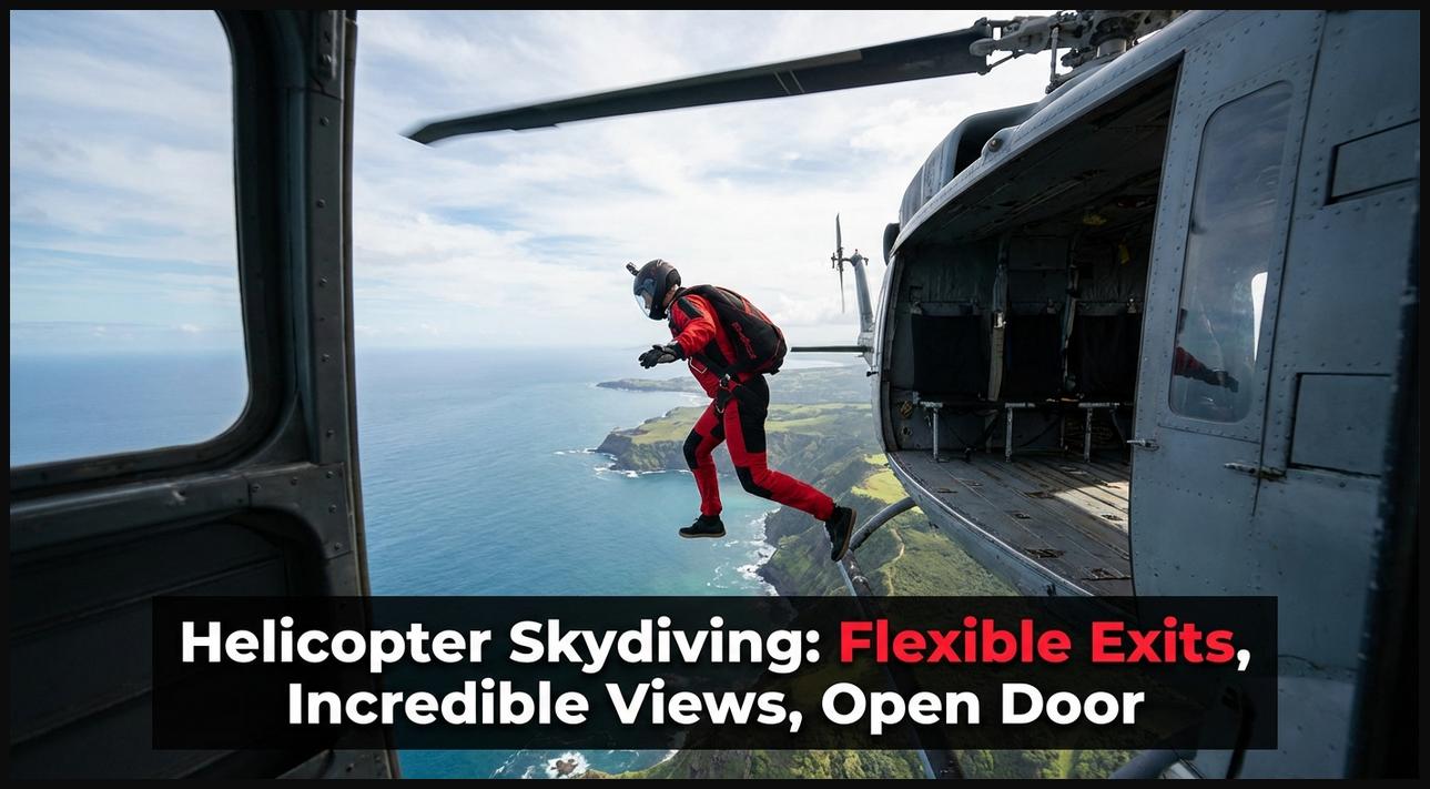 Skydiver making an exhilarating exit from an open helicopter door, showcasing a unique jump experience.