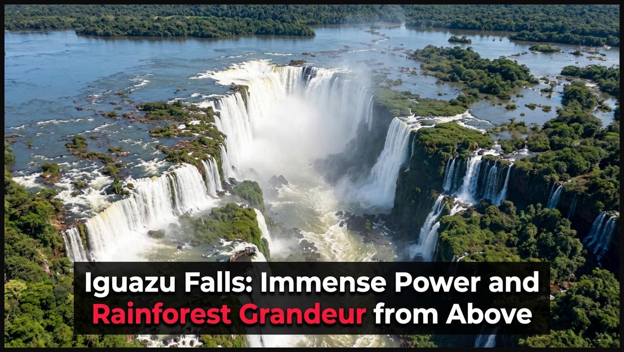 Aerial view of Iguazu Falls, showing the 'Devil's Throat' and surrounding dense rainforest.