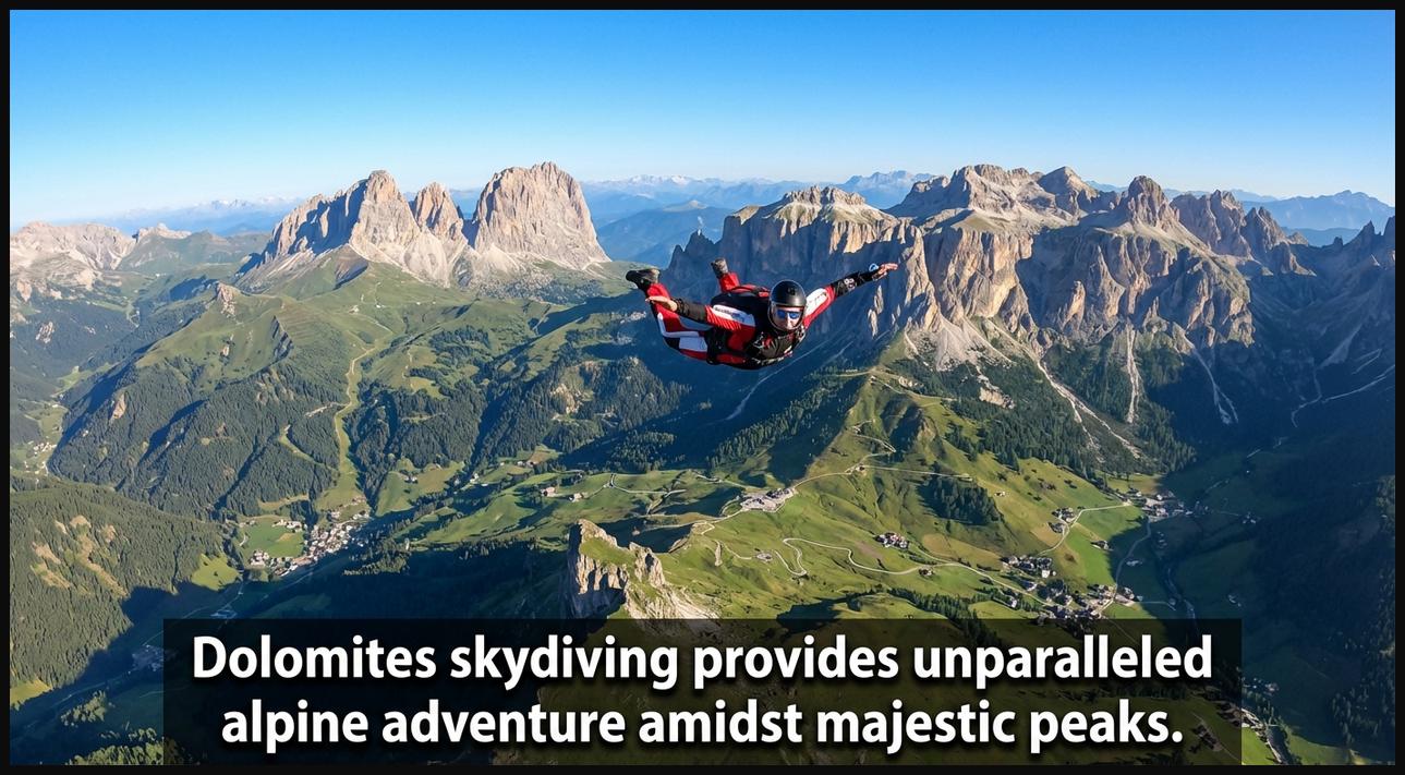 Skydiver soaring over the Italian Dolomites, surrounded by jagged mountain peaks, deep valleys, and lush green meadows.