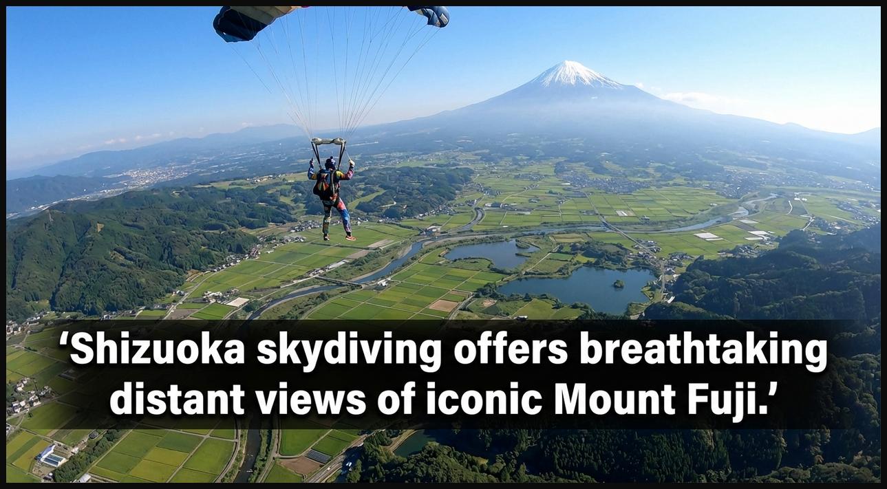 Skydiver descending over Shizuoka, Japan, with views of serene countryside, lakes, forests, and a distant Mount Fuji.