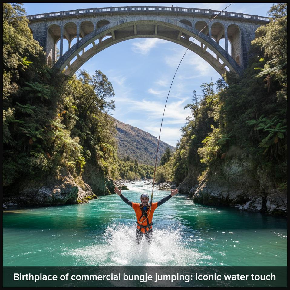 A bungee jumper touching the water of the Kawarau River beneath the historic Kawarau Bridge in Queenstown, New Zealand.