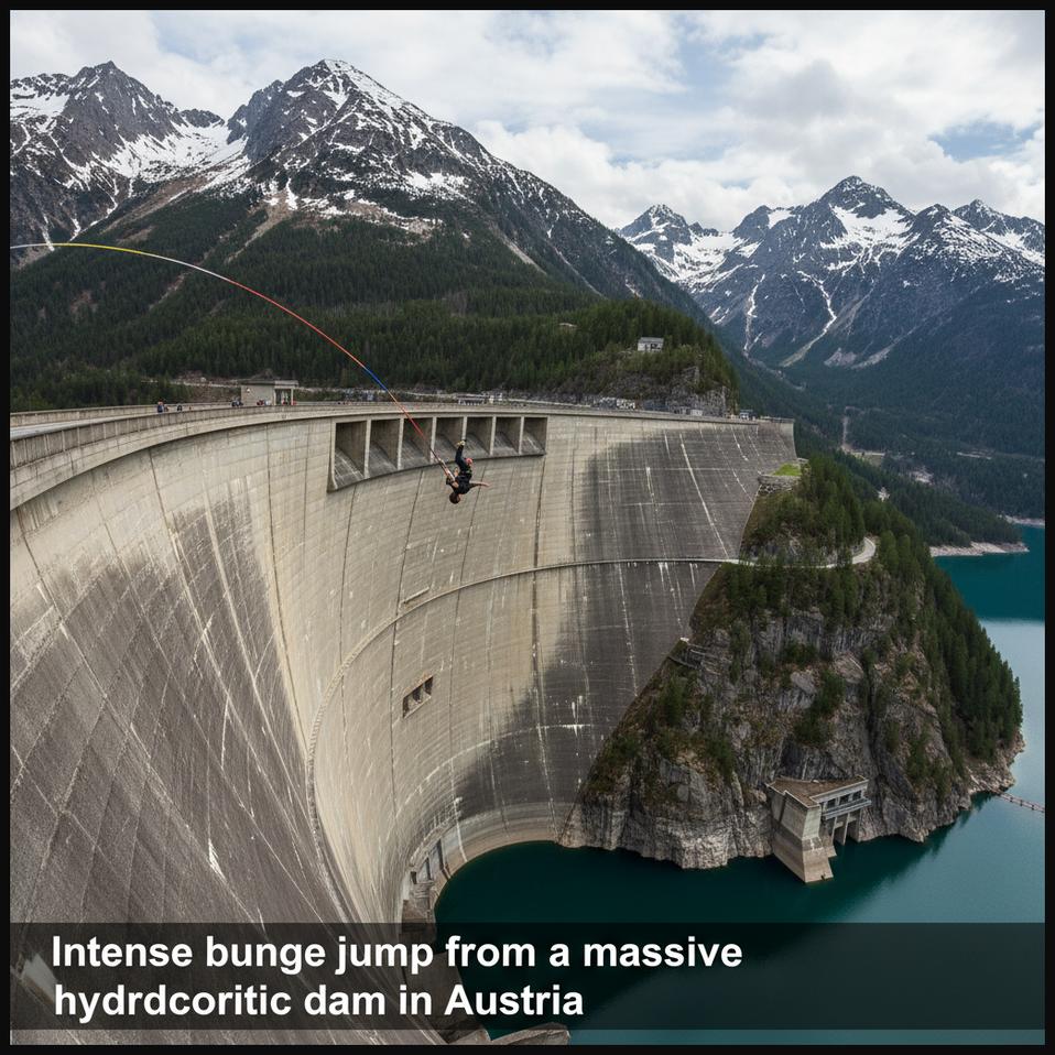 A bungee jumper descending from the massive Kolnbrein Dam in Carinthia, Austria, surrounded by majestic mountains.