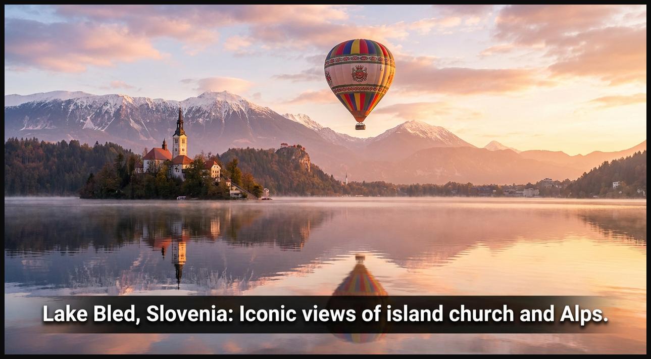 A hot air balloon flying over the stunning Lake Bled, Slovenia, featuring the iconic island church, Bled Castle, and the Julian Alps at sunrise.