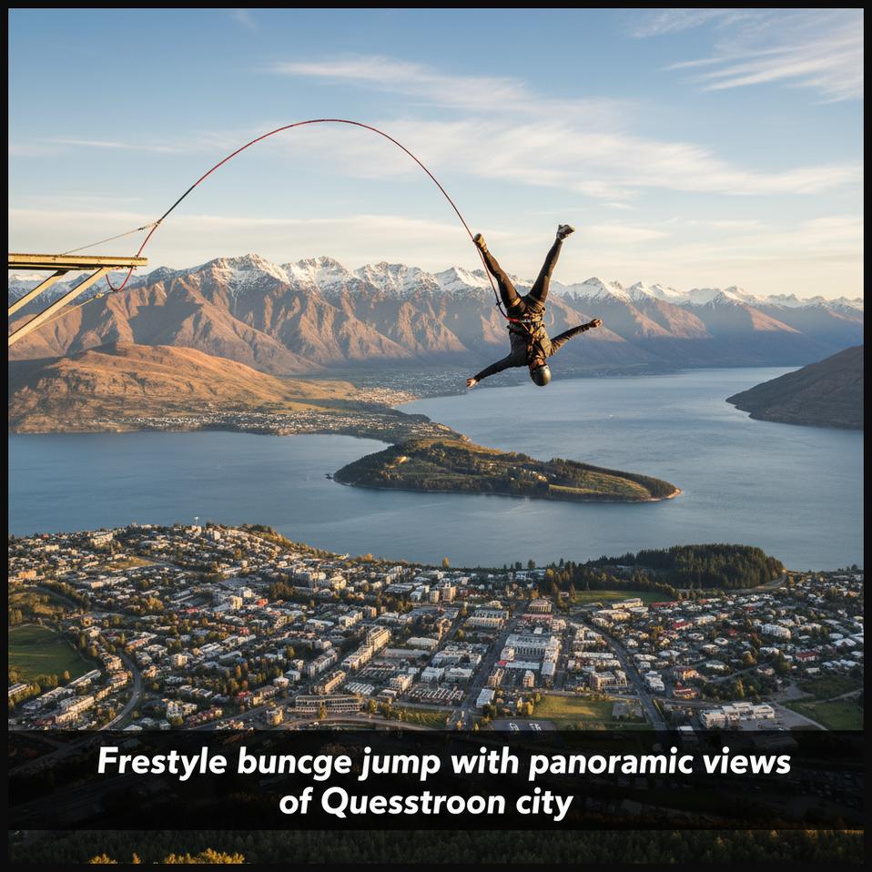 A bungee jumper performing a freestyle leap from the Ledge Bungy platform in Queenstown, New Zealand, overlooking the city and Lake Wakatipu.