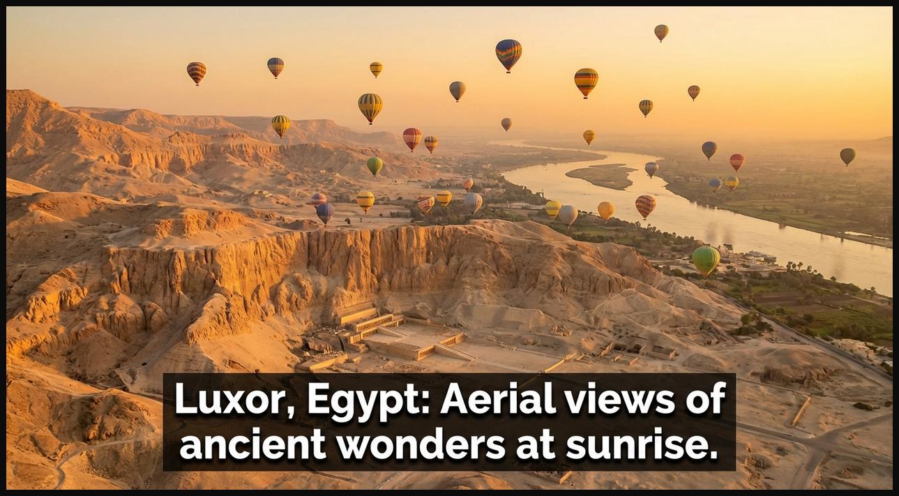 Hot air balloons providing a majestic aerial view of ancient Egyptian temples, including the Valley of the Kings and Hatshepsut Temple, along the Nile River in Luxor at sunrise.